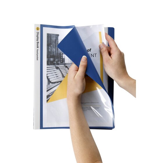 Hands turning back the blue cover of a Marbig insert cover display book to reveal a printed report page at the front