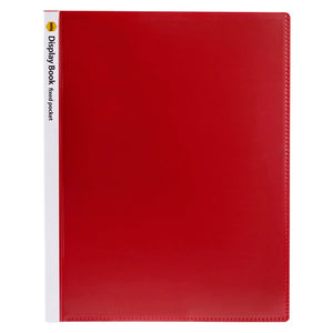 Marbig 2003603 red A4 non refillable display book, closed, with a white insert down the spine reading Display Book fixed pocket