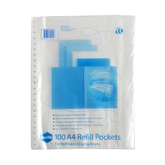 Marbig 20081P bag of 100 A4 refill pockets for refillable display books, clear pack with blue printing and barcode