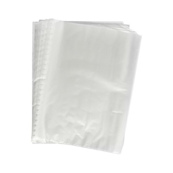 Stack of clear Marbig A4 display book refill pockets with the punched binding edge along the left side