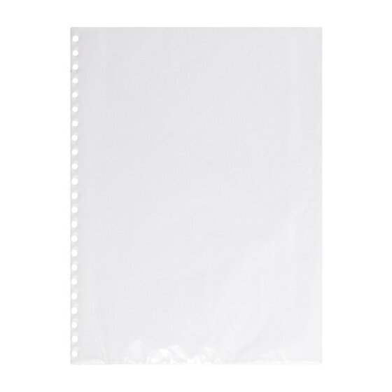 Single clear Marbig A4 display book refill pocket with a row of round holes punched down the binding edge