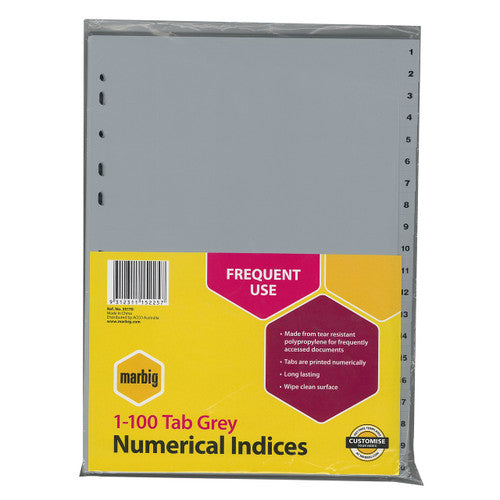 Marbig 1-100 Tab Grey Numerical Indices in retail pack, grey dividers with printed number tabs behind a yellow Frequent Use label