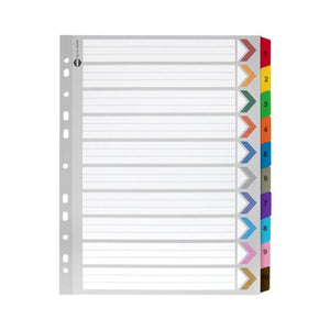 Marbig 36250F extra wide A4 divider set with ten coloured tabs numbered 1 to 10 and a ruled contents page with matching coloured arrows