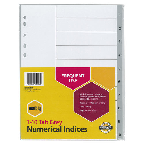 Marbig 35120 grey polypropylene divider set with tabs numbered 1 to 10 in a yellow Frequent Use pack card reading 1-10 Tab Grey Numerical Indices