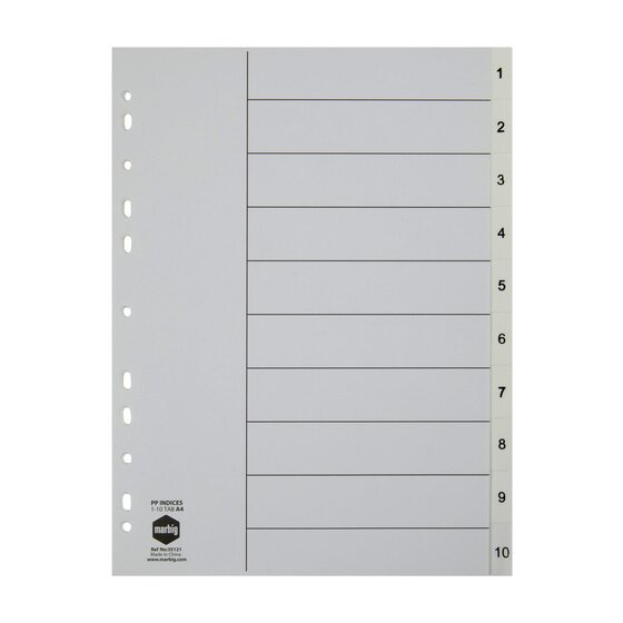 Marbig 35121 white polypropylene A4 divider set with tabs numbered 1 to 10, a ruled contents page and a punched binding edge