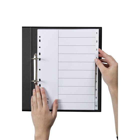 Hands turning a numbered white tab on a Marbig 1 to 10 polypropylene divider set filed in a black 2 ring binder