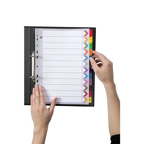 Hands turning a numbered coloured tab in the Marbig 1 to 12 reinforced divider set inside a black 2 ring binder