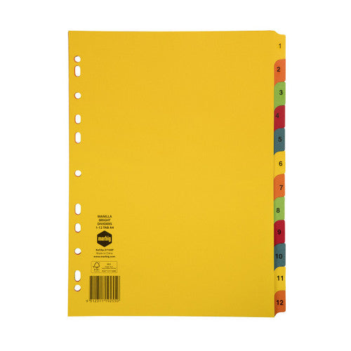 Marbig 1 to 12 tab manilla brights divider set, yellow sheet with twelve numbered coloured tabs and a punched binding edge