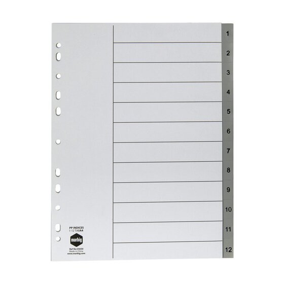 Marbig 35030 grey polypropylene A4 index with tabs printed 1 to 12, a ruled contents page and 11 punched holes on the left edge