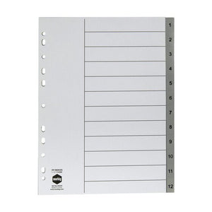 Marbig 35030 grey polypropylene A4 index with tabs printed 1 to 12, a ruled contents page and 11 punched holes on the left edge