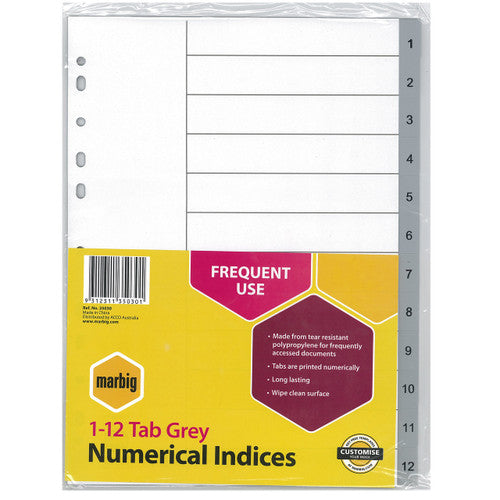 Marbig 1-12 Tab Grey Numerical Indices in clear pack with yellow Frequent Use card listing tear resistant polypropylene