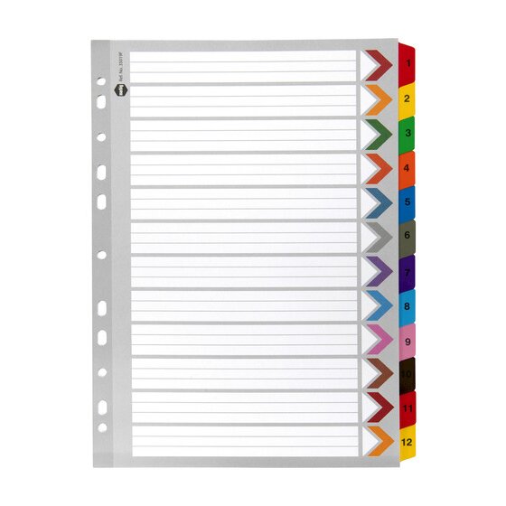 Marbig 35019F A4 divider set in grey manilla board with twelve coloured reinforced tabs numbered 1 to 12 and a contents page with coloured arrows
