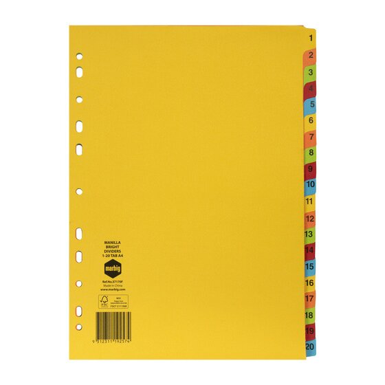 Marbig 37170F yellow manilla divider with bright coloured tabs printed 1 to 20 down the right edge and punched holes on the left