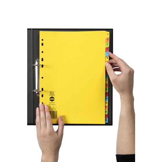 Hand turning a bright numbered tab on a Marbig 1 to 20 manilla divider set filed in a black A4 ring binder