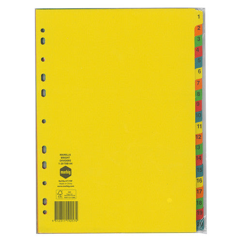 Marbig 1 to 20 tab manilla bright dividers in clear retail packaging, yellow front sheet with numbered coloured tabs