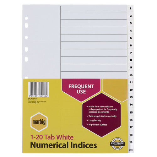 Marbig 35131 white polypropylene A4 index with tabs printed 1 to 20 down the right edge, in the 1-20 Tab White Numerical Indices pack card