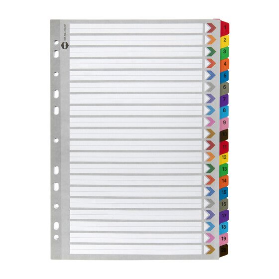 Marbig 35023F A4 divider set in grey manilla board with 20 coloured tabs numbered 1 to 20 and a punched binding strip