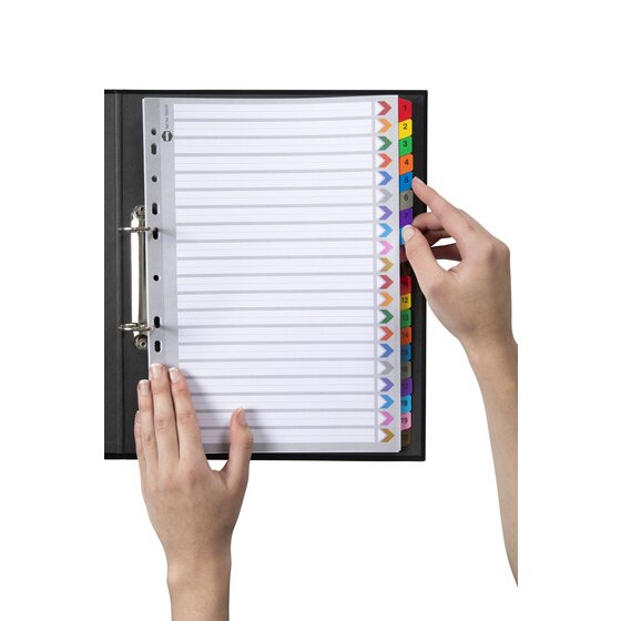 Hands turning a numbered coloured tab in a Marbig 1 to 20 reinforced divider set filed in a black ring binder