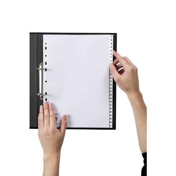 Hands turning through a Marbig 1 to 54 white numbered divider set held in a black A4 ring binder