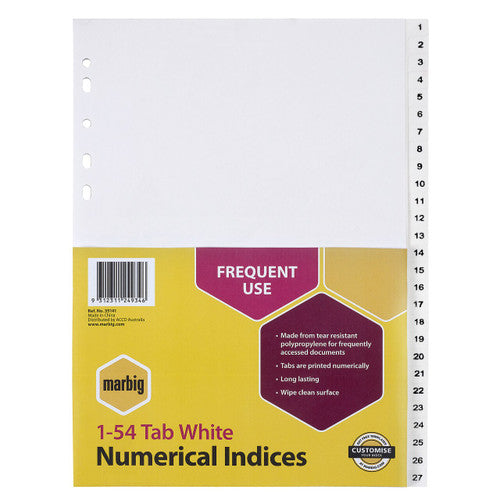Marbig 1-54 Tab White Numerical Indices in retail pack with yellow Frequent Use label and printed number tabs