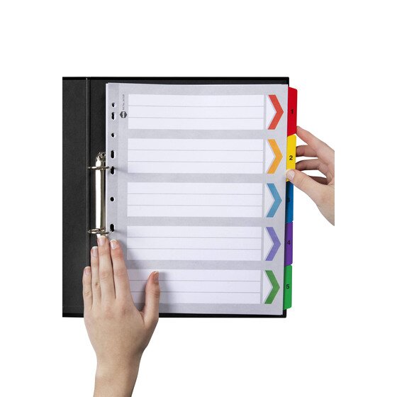 Hands turning a numbered tab in the Marbig 1 to 5 extra wide divider set filed in a black 2 ring binder