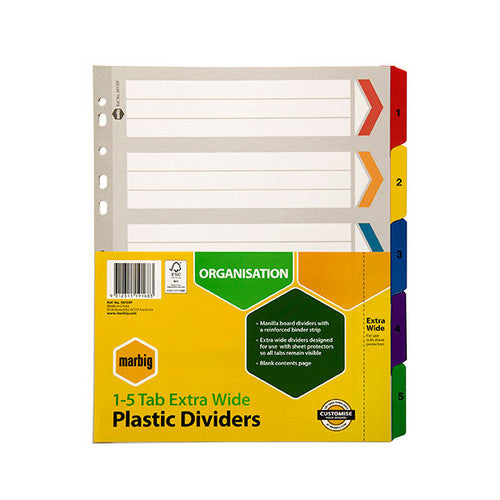 Marbig 1-5 Tab Extra Wide Plastic Dividers in the yellow and green pack marked for use with sheet protectors