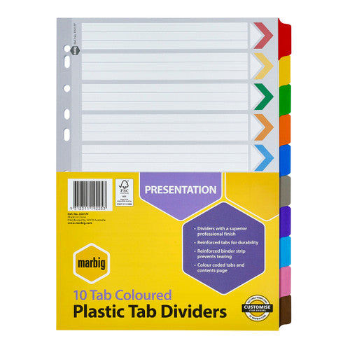 Marbig 10 Tab Coloured Plastic Tab Dividers in a yellow and purple Presentation pack with ten coloured tabs down the right edge