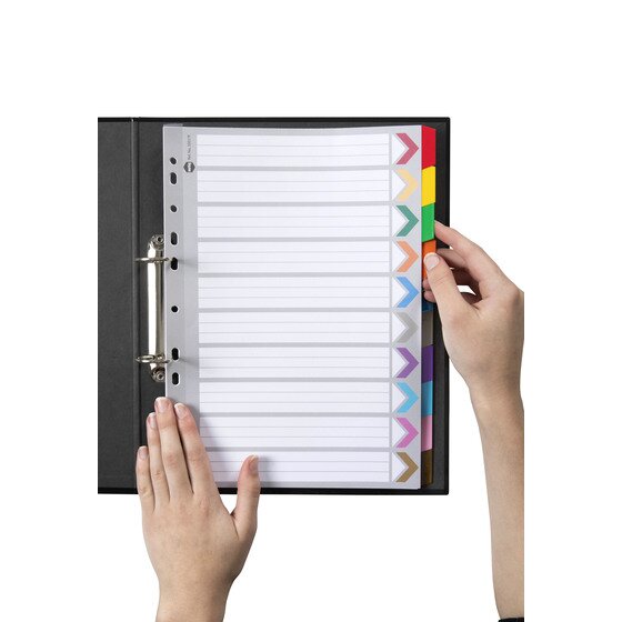 Hands turning a coloured tab of the Marbig 10 tab reinforced divider set filed in a black 2 ring binder