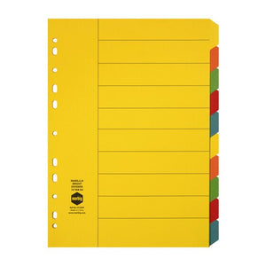Marbig 37200F yellow manilla A4 divider set with ten blank bright coloured tabs, a ruled contents page and a punched binding edge