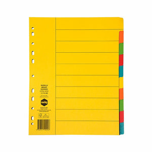 Marbig 37190F extra wide yellow manilla divider with ten blank bright coloured tabs, a ruled contents page and a punched binding edge