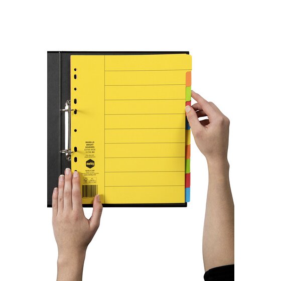 Hands turning a bright tab on a Marbig 10 tab extra wide yellow manilla divider set filed in a black 2 ring binder