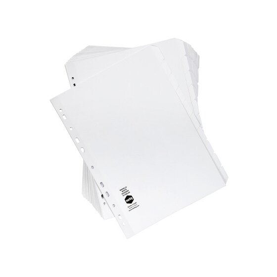 Stack of Marbig 37420F white manilla divider sets fanned out, showing blank stepped tabs and the punched binding edge