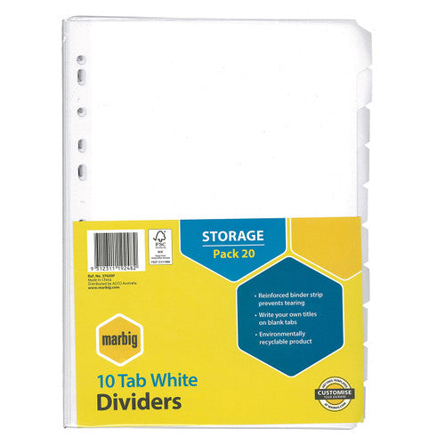 Marbig 10 Tab White Dividers Pack 20 with a yellow and blue header noting the reinforced binder strip and blank tabs