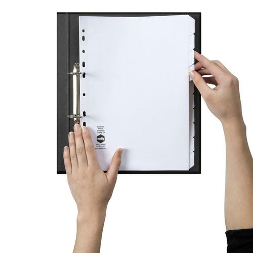 Two hands opening a Marbig 10 tab white manilla divider set inside a black ring binder, blank tabs on the right