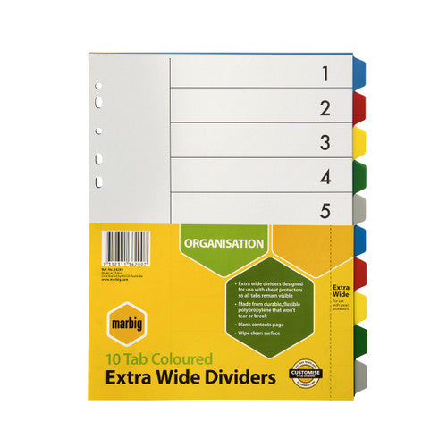 Marbig 36200 extra wide A4 polypropylene dividers with ten plain coloured tabs, in the 10 Tab Coloured Extra Wide Dividers pack card noting use with sheet protectors