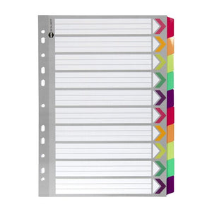 Marbig 36017F A4 divider set in grey manilla board with ten bright fluoro reinforced tabs and a ruled contents page with matching arrows