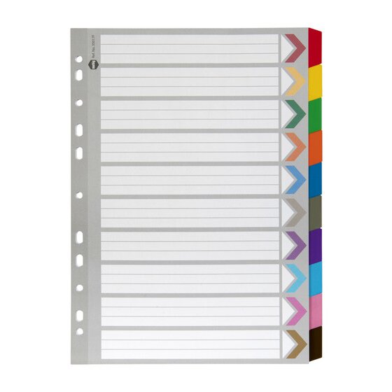 Marbig 35017F A4 divider set in grey manilla board with ten coloured reinforced tabs and a ruled contents page with matching coloured arrows
