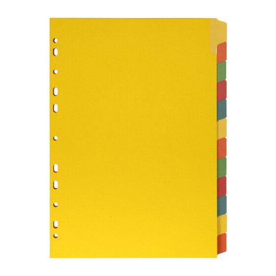 Marbig 37912F yellow manilla divider with twelve blank bright coloured tabs down the right edge and a punched left edge