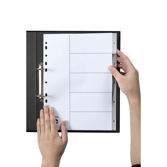Hands turning numbered white Marbig 1 to 5 tab dividers filed in a black A4 2 ring binder