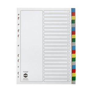 Marbig 35022 white polypropylene divider set with 20 coloured tabs down the right edge and a contents page with numbered lines