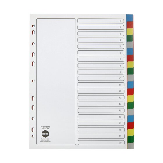 Marbig 35022 white polypropylene divider set with 20 coloured tabs down the right edge and a contents page with numbered lines