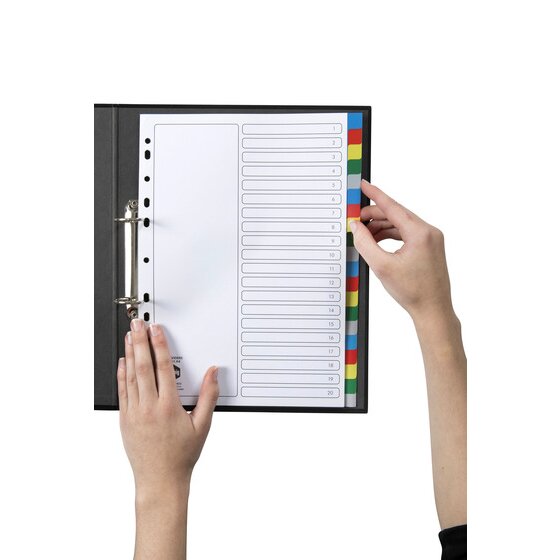 Hands turning to a coloured tab in a Marbig 20 tab polypropylene divider set held in a black A4 ring binder