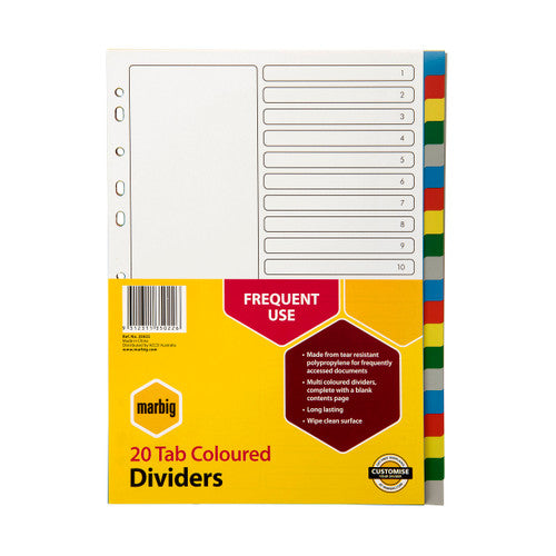 Marbig 20 Tab Coloured Dividers in retail pack with yellow Frequent Use label over the contents page