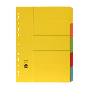 Marbig 37100F bright manilla A4 divider set with a yellow top sheet and tabs in yellow, orange, green, red and blue