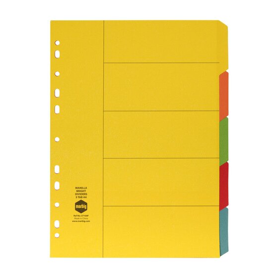 Marbig 37100F bright manilla A4 divider set with a yellow top sheet and tabs in yellow, orange, green, red and blue
