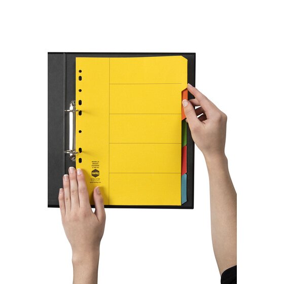 Hands turning the orange tab of the Marbig 5 tab bright manilla dividers filed in a black 2 ring binder