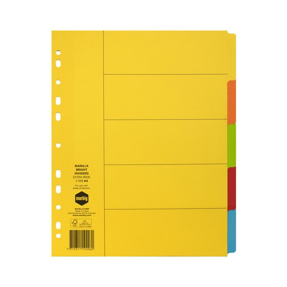 Marbig 37180F extra wide bright manilla A4 dividers with a yellow top sheet and orange, green, red and blue tabs down the right edge