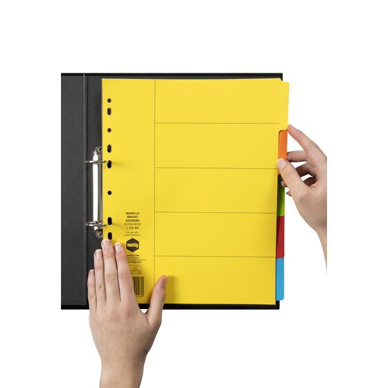 Hands turning an orange tab of the Marbig extra wide bright manilla dividers filed in a black 2 ring binder