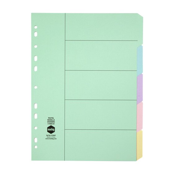 Marbig 37000F pastel manilla dividers, green first divider with a ruled contents panel and pastel coloured blank tabs down the right edge