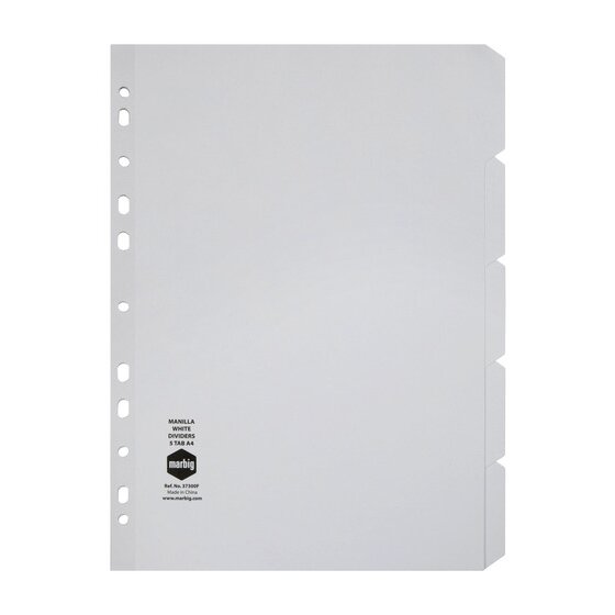 Marbig 37300F white manilla A4 divider set with five blank stepped tabs down the right edge and a punched binding edge